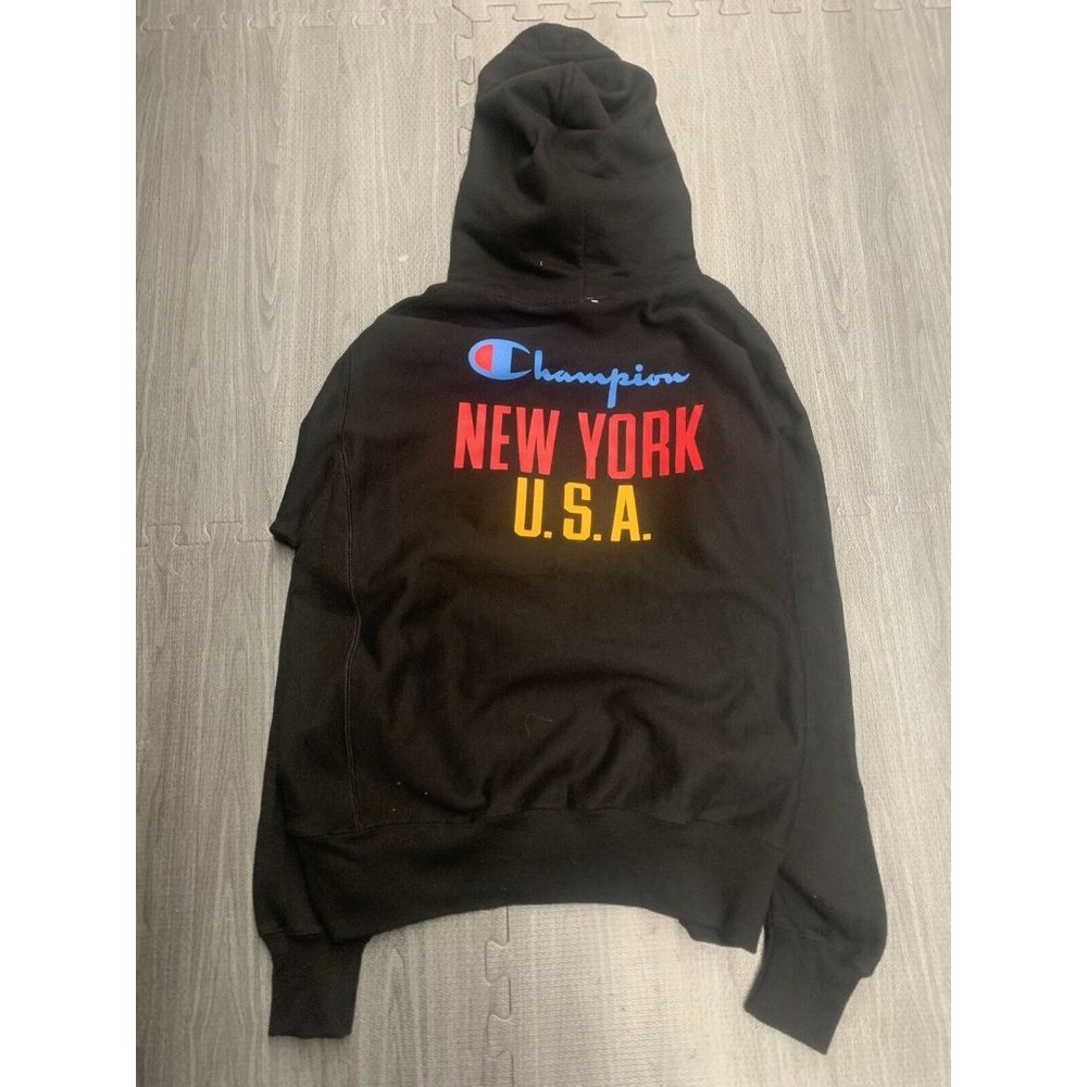 NEW Champion Reverse Weave Large C Logo Black Hoodie NEW YORK USA SZ Medium M